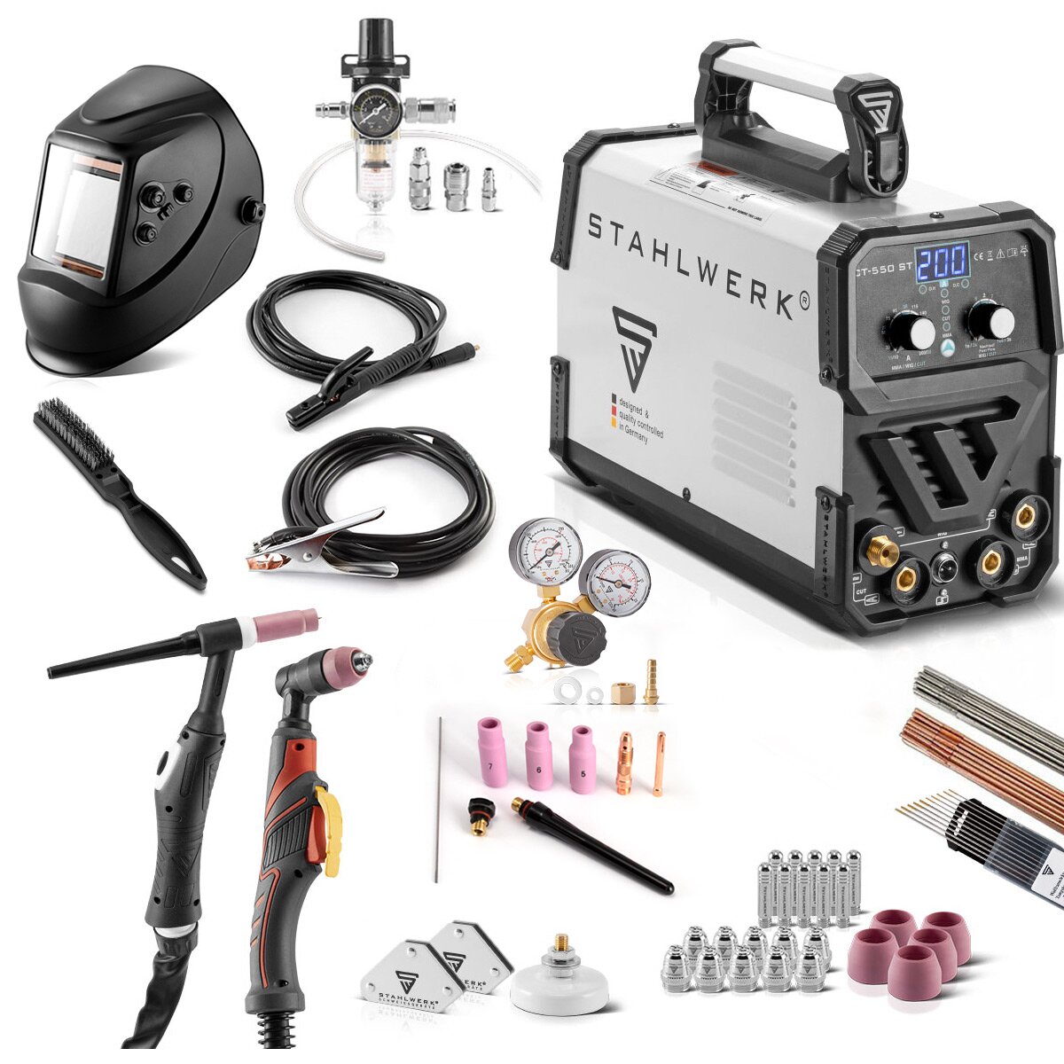 STAHLWERK Saldatrice Combinata 4 In 1 DC TIG 200 Pulse Pro CUT – Set Completo. Inverter IGBT Da 200A Per TIG/MMA, Con Taglio Plasma Da 40A. Compatta, Digitale, Ideale Per Acciaio E Acciaio Inox. (Non Per Alluminio).